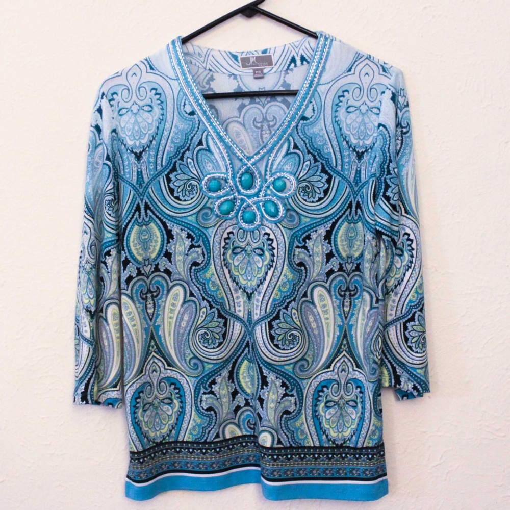 Turquoise Pattern with Embroidered Details Top